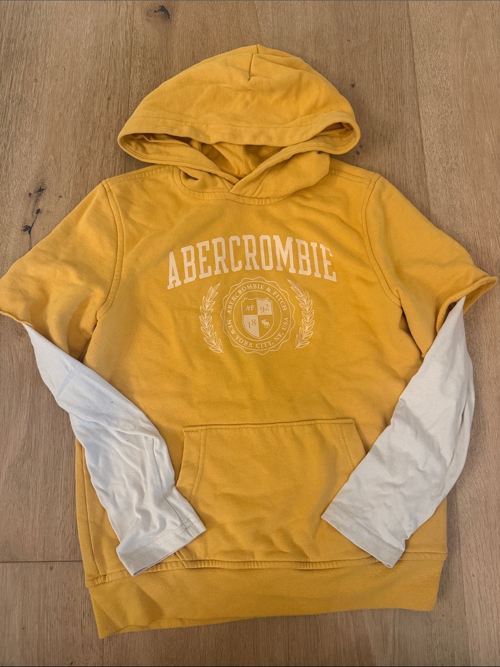 abercrombie kids Mustard Yellow Hoodie with White Layered Sleeves